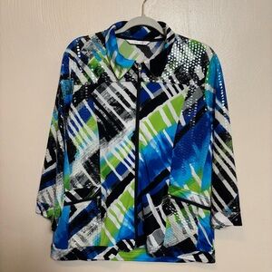 Erin London Women's Jacket Full Zip Abstract Print Multicolor Blue Green Size XL